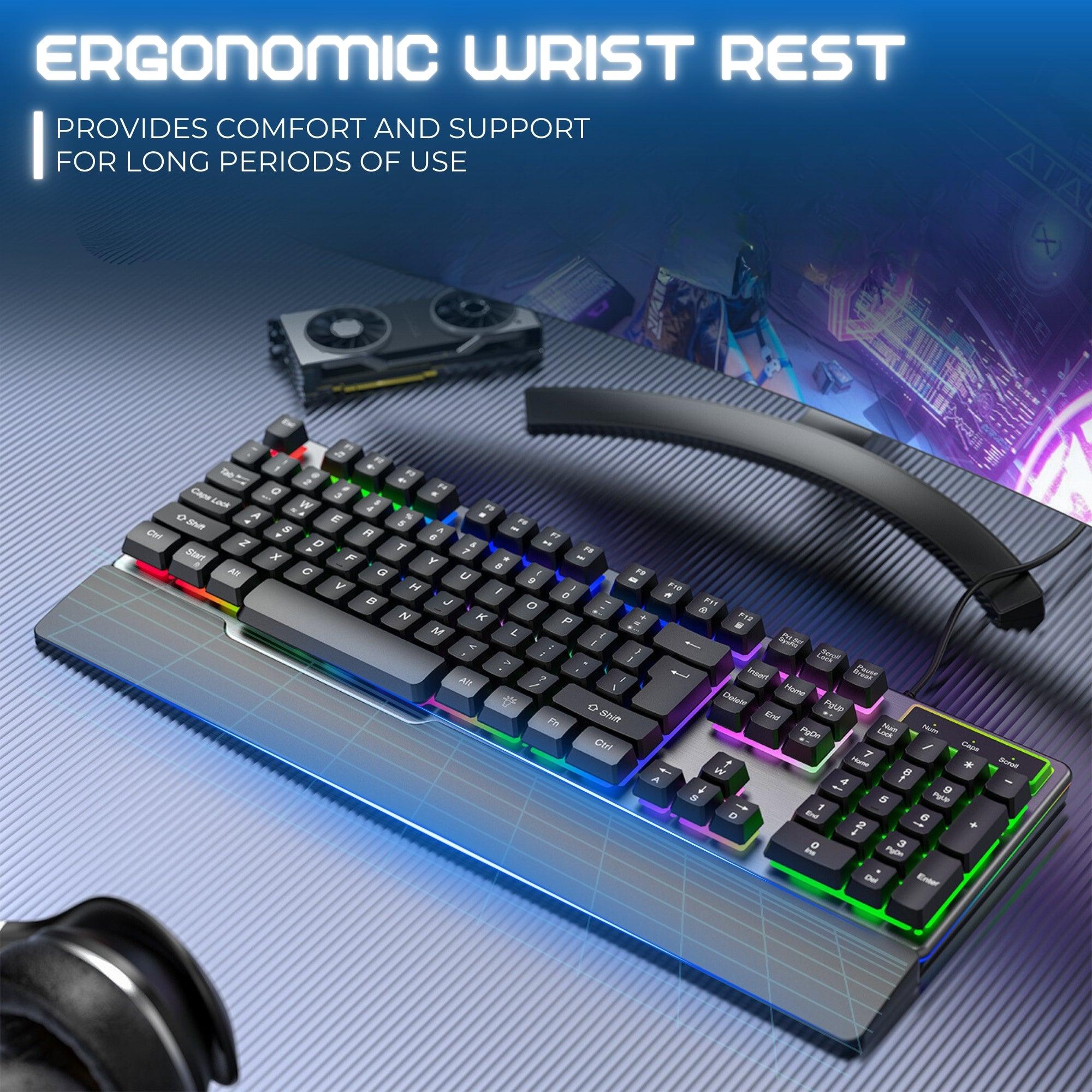 Dr Luxur ErgoFizz Gaming Membrane Keyboard with Mechanical Key Feel With Ergonomic Wrist Pad