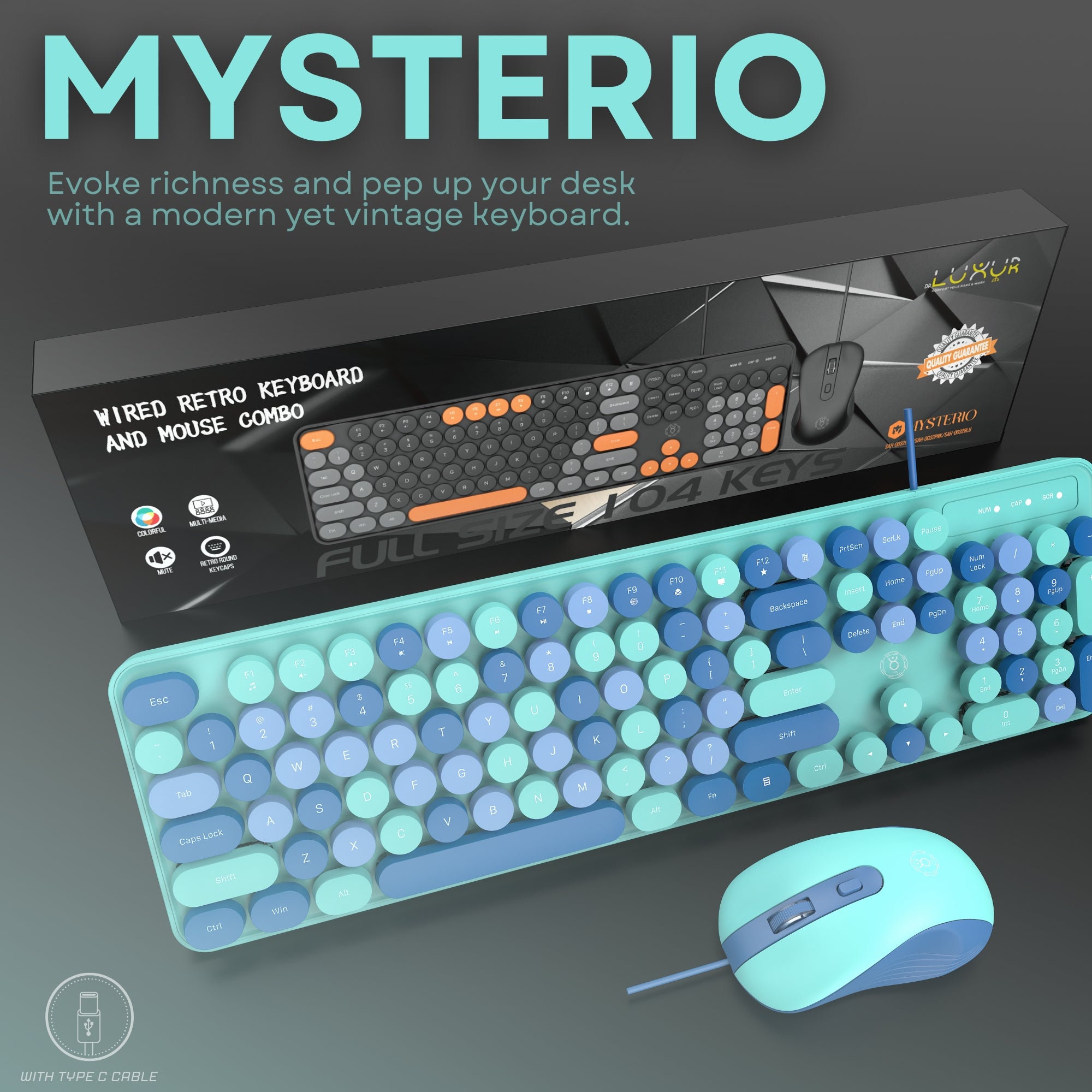 Dr Luxur® Mysterio Wired Typewriter Style Keyboard and Mouse Combo, 104 Keys, Colourful Round Keycaps, for Windows, Mac, PC, Laptop, Desktop