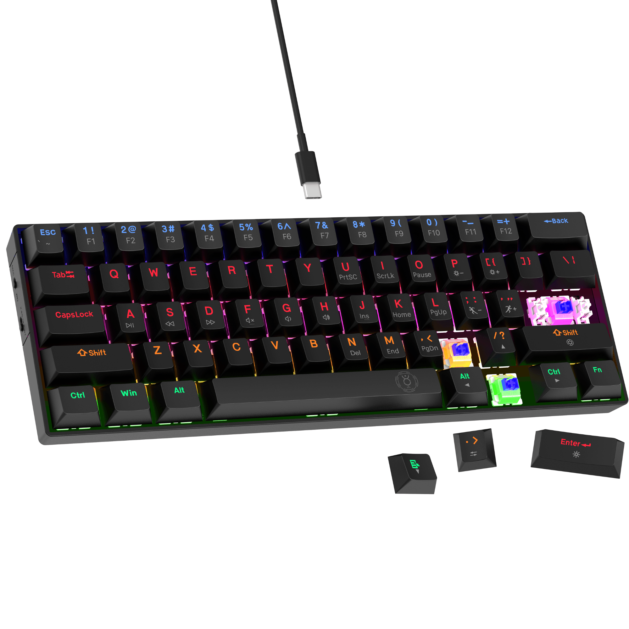 Drluxur Dark Fire 60% Mechanical Keyboard with Type C Cable - 24 Lighting Modes with Blue/Red Switches